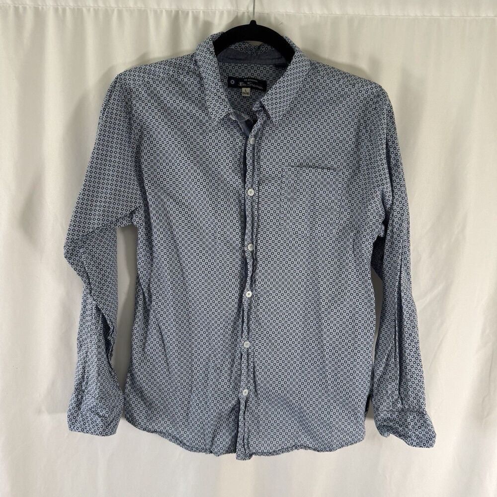 Ben Sherman Dress Shirt Boys Large 14/16 Blue Geometric Print Long Sleeve Collar